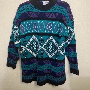 Vintage 80s Cut 4 U Geometric Southwestern Aztec Knit Sweater Pullover OS USA
